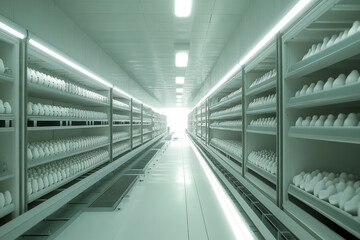 Endless aisle of eggs in a sterile white supermarket