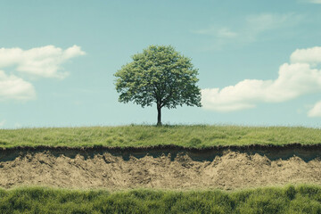 Lonely tree on grassy hill revealing earth below blue sky with clouds