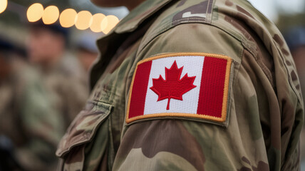 a Canadian flag patch proudly sewn onto the camouflage uniform of a uniformed service member, highlighting national duty and commitment