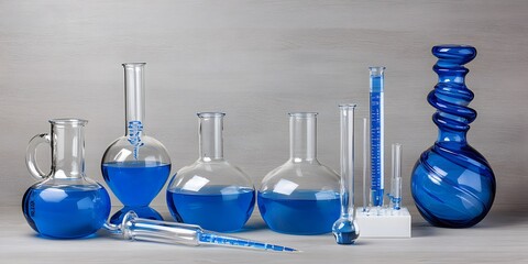 Blue Liquid in Glass Laboratory Flasks and Beaker Science Experiment