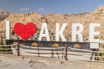 Sign I LOVE AKRE located above Akre town, Kurdistan Region of Iraq