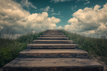 Wooden steps leading upwards towards a cloudy sky a grassy path
