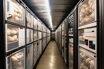 Long corridor of caged items in a storage facility interior view