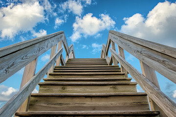 Wooden staircase ascending to a bright blue sky with fluffy clouds a pathway to the heavens