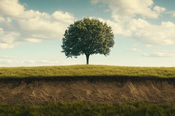 Solitary tree on grassy hill revealing soil beneath