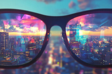 Cityscape viewed through sunglasses at sunset vibrant colors buildings lights