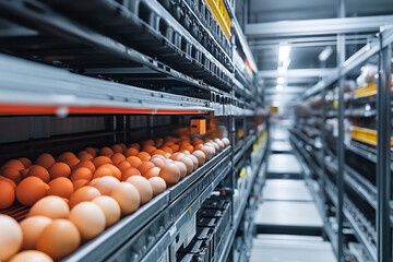 Rows of fresh eggs in a modern warehouse facility ready for distribution