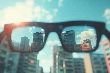 City skyscrapers viewed through sunglasses bright sunny day