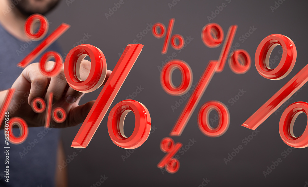 Poster abstract image of a hand interacting with floating percentage symbols, ideal for finance, discounts,