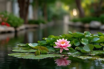Beautiful pink lotus flower blooming among green lily pads in a serene garden reflecting tranquility and nature's beauty