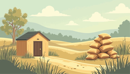 Shed and Sandbags in Countryside Landscape