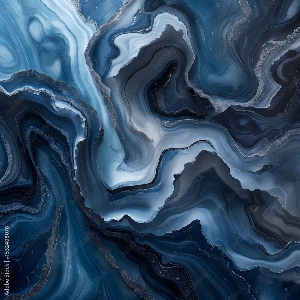 Poster the scene features a luxurious marble texture with rich blues and greys, evoking opulence and sophis