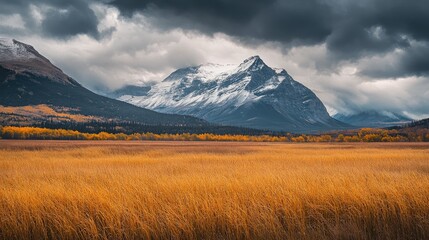 Fototapeta premium Majestic Mountain Landscape Under Dramatic Sky with Golden Grass and Snow-Capped Peaks in Autumn Colors