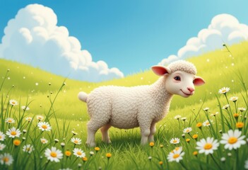 Fototapeta premium Cute cartoon sheep standing in a vibrant meadow with daisies and a bright sky