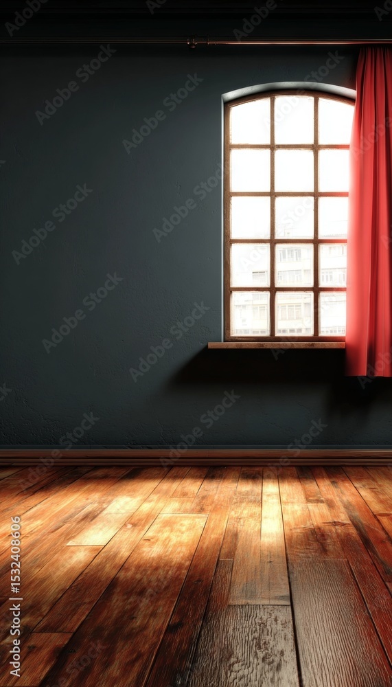 Poster bright and spacious empty room with wooden floor and single window with view and soft curtain