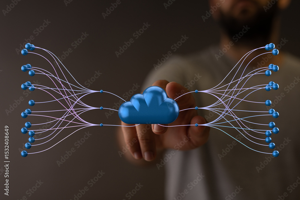 Poster illustrative image of cloud computing, data connections, and global network infrastructure.