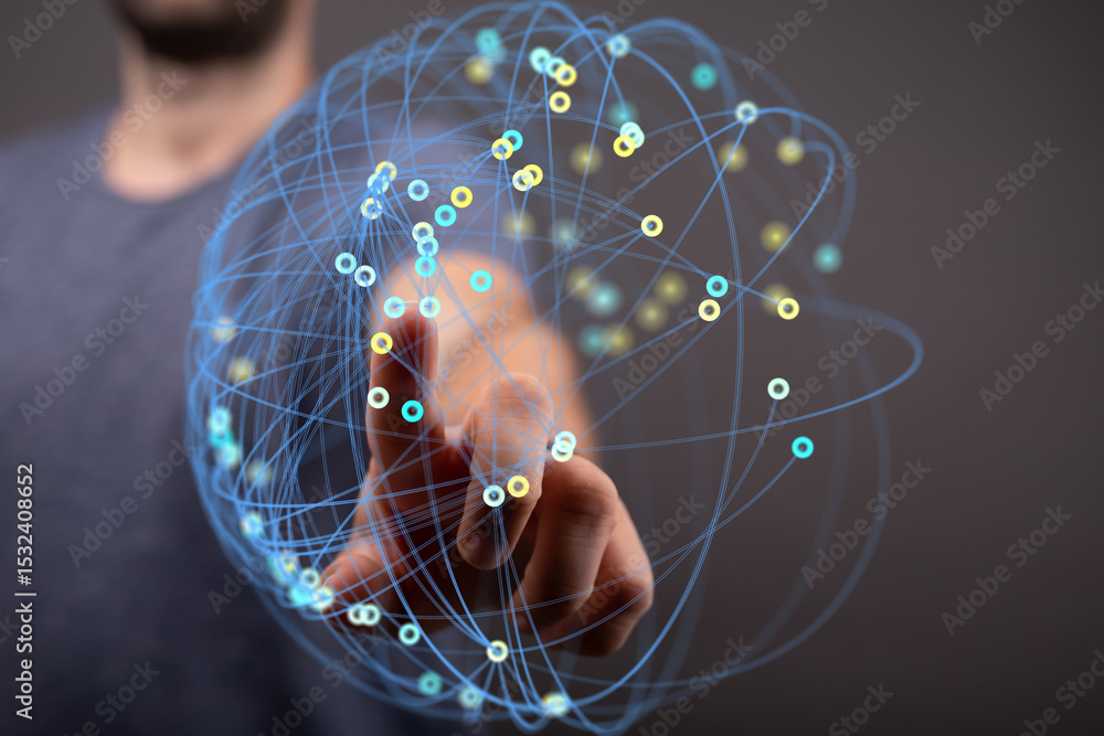 Aufkleber Hand interacting with a digital network, illustrating global connection and data flow.