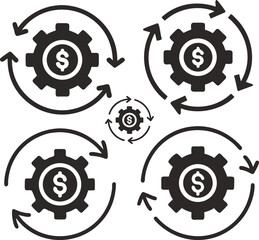 Rotating gears with dollar signs depict financial processes and workflow  vector illustration symbol