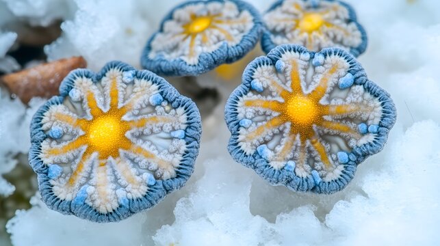 Stunning Blue and Yellow Frozen Mushrooms in Winter Snow