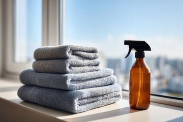 Soft gray towels neatly stacked by a window with a spray bottle in a bright city apartment during daylight hours