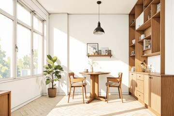 Fototapeta premium Bright, sunlit kitchen showcasing functional small apartment style interior with wooden table, two chairs, potted plant. Concept of functional small apartment style emphasizing minimalist design.