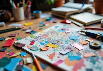 Fototapeta premium Creative workspace with colorful paper scraps, notebooks, and art supplies scattered on a wooden table