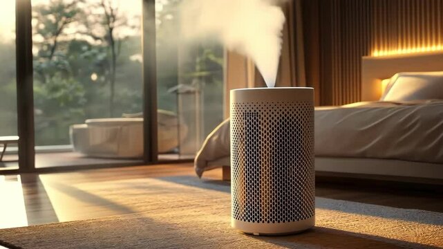 Air purifier humidifying room, steam and air quality, lifestyle and technology concept.