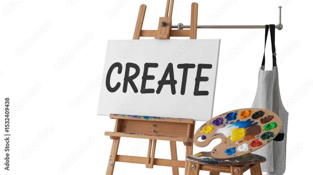 Poster wooden easel holding a blank canvas featuring the word create, with a colorful artist's palette and 