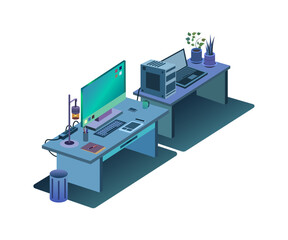 Artist drawing desktop. Technology vector illustration with computer, laptop, lamp, housplant and graphic tablet