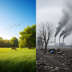 A split image contrasts a healthy natural environment with a deer and a polluted environment with trash and smoke. Generative AI.