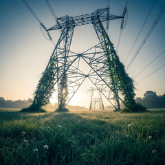 Power lines and transmission towers, partially overgrown with vibrant green vines, stand majestically in a dewy field at sunrise. Generative AI.