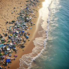 An aerial view shows a beautiful sandy beach covered in a large amount of plastic waste and litter along the ocean's edge. Generative AI.