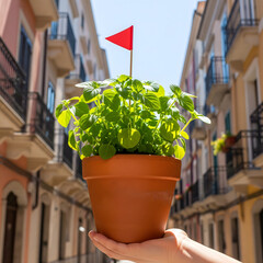 A fresh vibrant Ocimum minimum, basil plant manjerico symbol of São João festival in Porto Portugal in a terracotta pot with a small red flag stands. Generative AI.