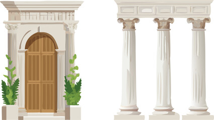 Naklejka premium Greek arch pillar vector set isolated on transparent background. Roman antique architecture frame with stone column, vine. White marble door portal and green ivy plant