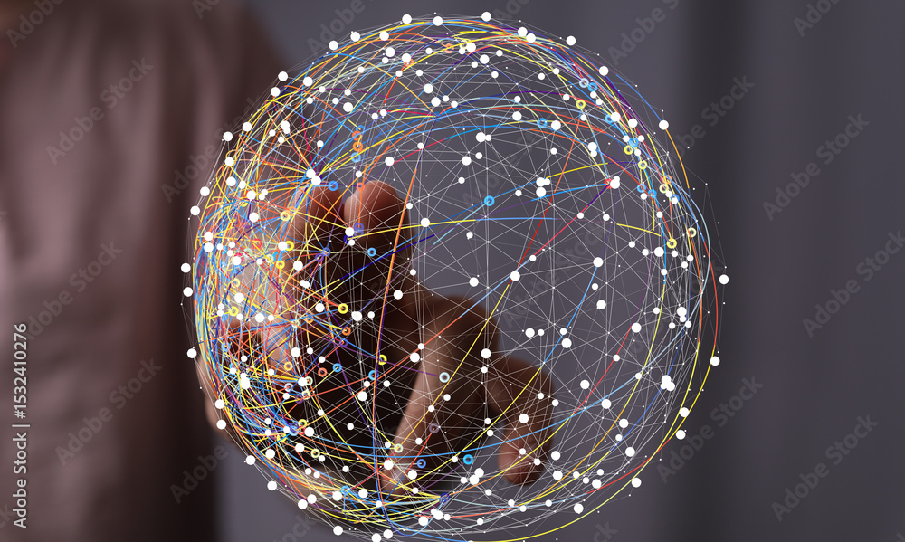 Aufkleber Abstract image of a hand interacting with a digital globe, representing global network and connection.