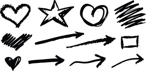 Line marker hand drawn brush element set isolated on transparent background. Sketch pencil stroke vector graphic pen underline scribble icon. Hand drawn line heart, crown, star symbol highlight marker