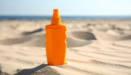 Orange sunscreen bottle on beach sand