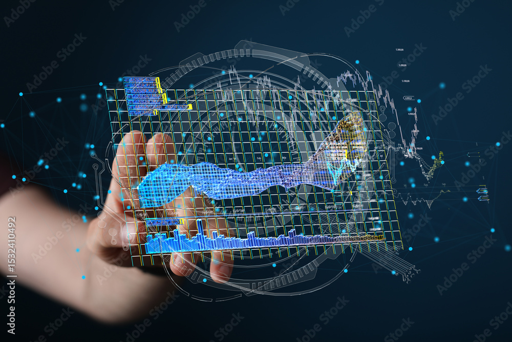 Poster Hand interacts with 3D data charts, graphs, and visualizations.  Business analytics, data science concept.