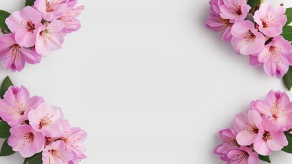 Fototapeta premium Elegant floral frame with pink azalea blossoms and lush green leaves, perfect for adding a touch of spring to your designs with ample text space.