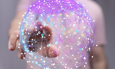 Hand interacting with a digital globe, representing global network and connection.