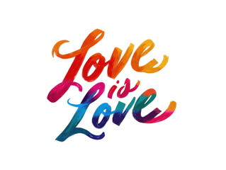 Love is Love: A vibrant watercolor illustration of "Love is Love" in rainbow hues, capturing a message of inclusivity, equality and Pride.