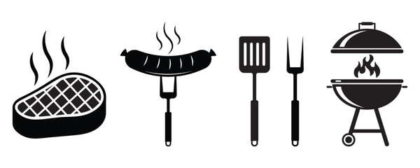 BBQ and grill silhouette icon set. Barbecue tools, sausage, steak, and hot grill elements. Vector illustration