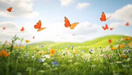 Colorful butterflies flit over a meadow of wildflowers.