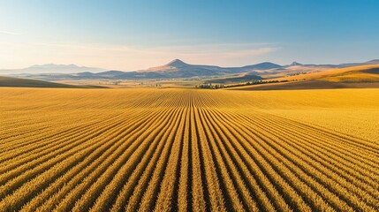 Obraz premium Golden Fields Under Sunny Sky with Majestic Mountains in the Background Showcasing Lush Agricultural Landscape and Expansive Horizon at Dusk