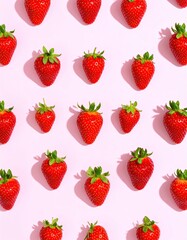 A vibrant and playful wallpaper design featuring a mesmerizing arrangement of large and small strawberries. against a soft, blush-like pink background