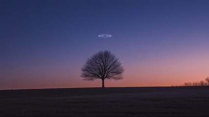 Solitary Tree Against a Vibrant Sunset Sky with Stars Glowing in Twilight, Evoking Calmness and Serenity in Nature's Embrace