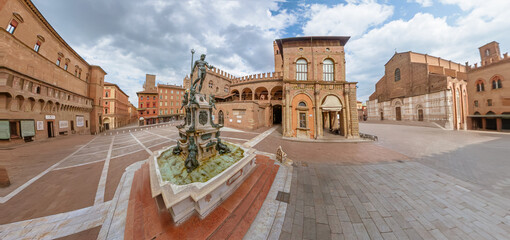 top view of Neptune Fountain in Piazza Maggiore square with Palazzo Accursio Municipal Palace and San Petronio Basilica of Bologna city in north Italy. 360-degrees panorama without people