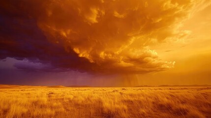 Fototapeta premium Dramatic Sunset Over Golden Grassy Field with Dark Storm Clouds Approaching and Stunning Orange and Purple Sky