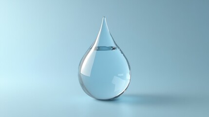 Fototapeta premium Abstract background with a drop of water resembling a glass sculpture against a monochrome surface. Used in cosmetics advertising, presentations on water and ecology, packaging design.