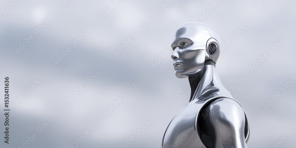 Poster futuristic humanoid robot with a sleek metallic surface stands against a cloudy sky, symbolizing adv
